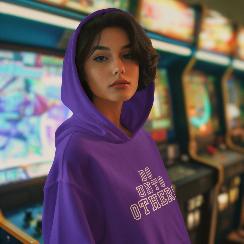 Person wearing a purple hoodie with text in an arcade setting