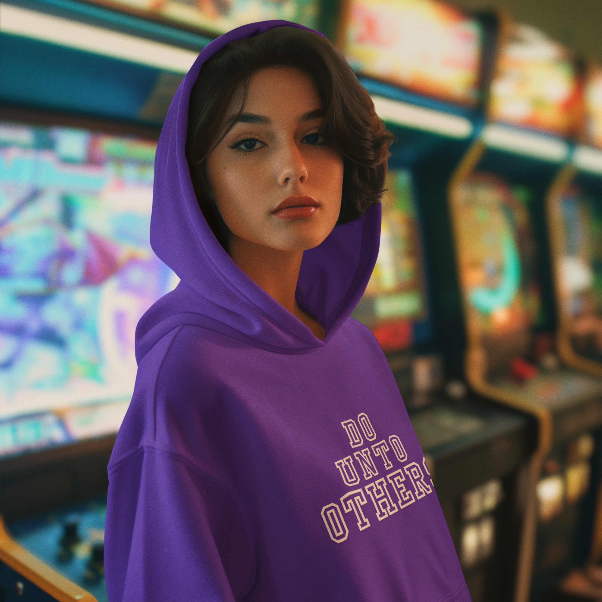 Person wearing a purple hoodie with text in an arcade setting