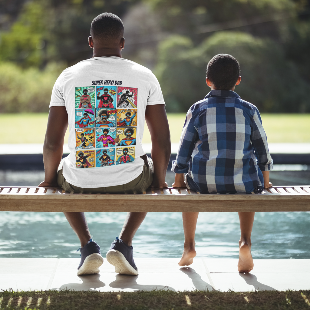 Man and child sitting on a bench by a pool, with the man wearing a 'Super Hero Dad' t-shirt.